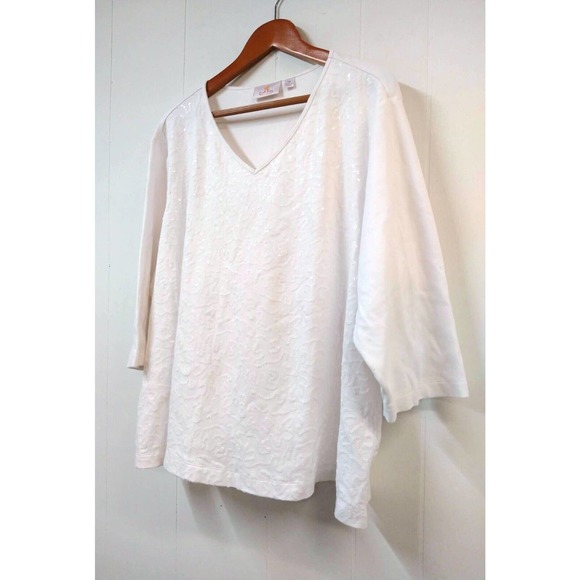 Quacker Factory WM Plus 3X White 3/4 Sleeve Shirt Full Sequin Front Panel - Picture 2 of 4